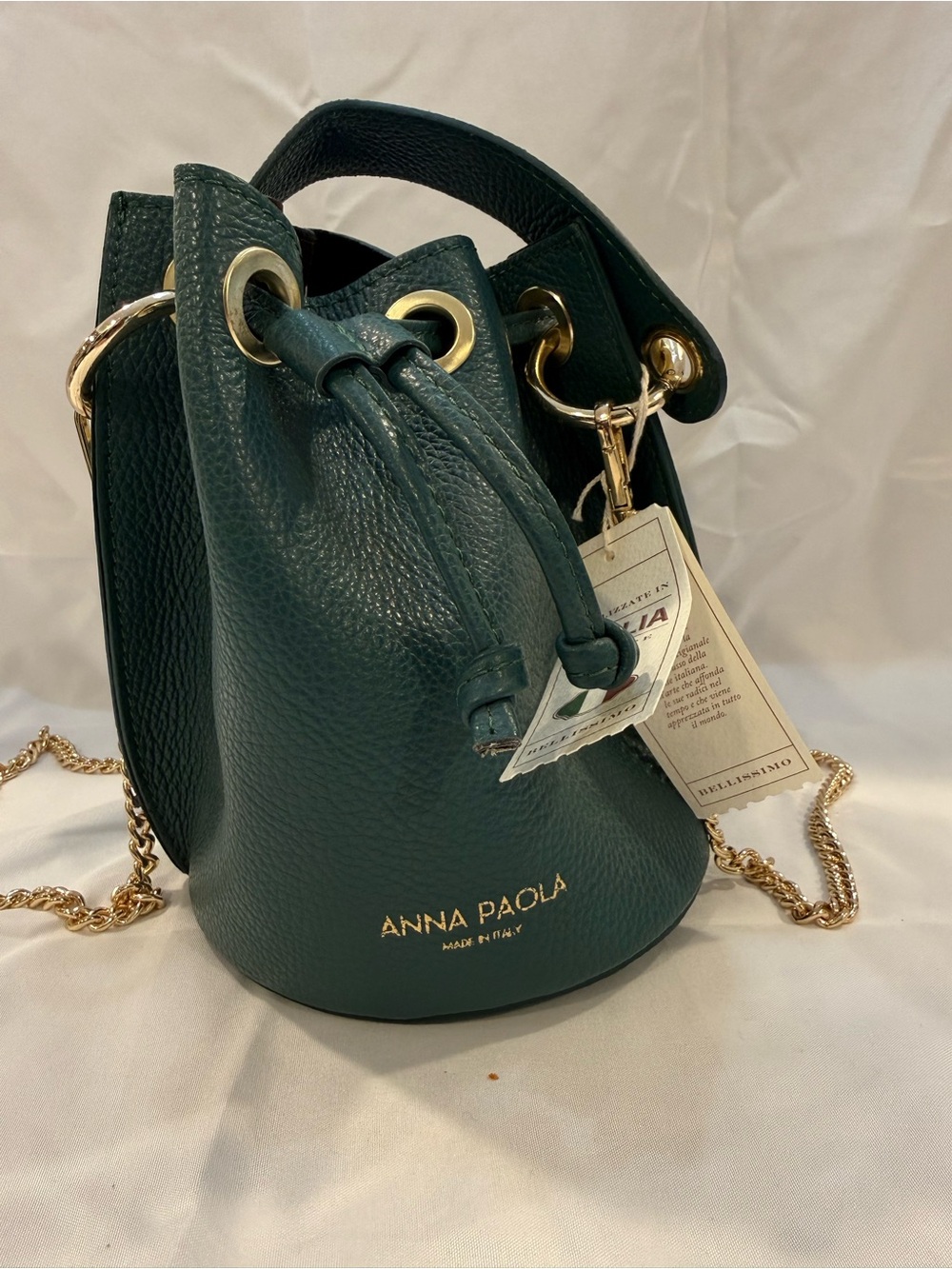 Anna Paola Forest Green Pebbled Leather Mini Drawstring Bucket Bag